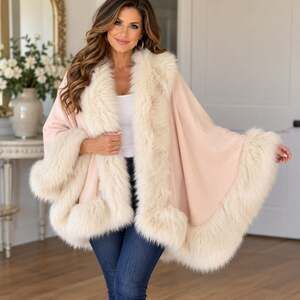 Donna Salyers Fabulous Furs Faux Fur Trim Cape Poncho Blush Pink Cream One Size